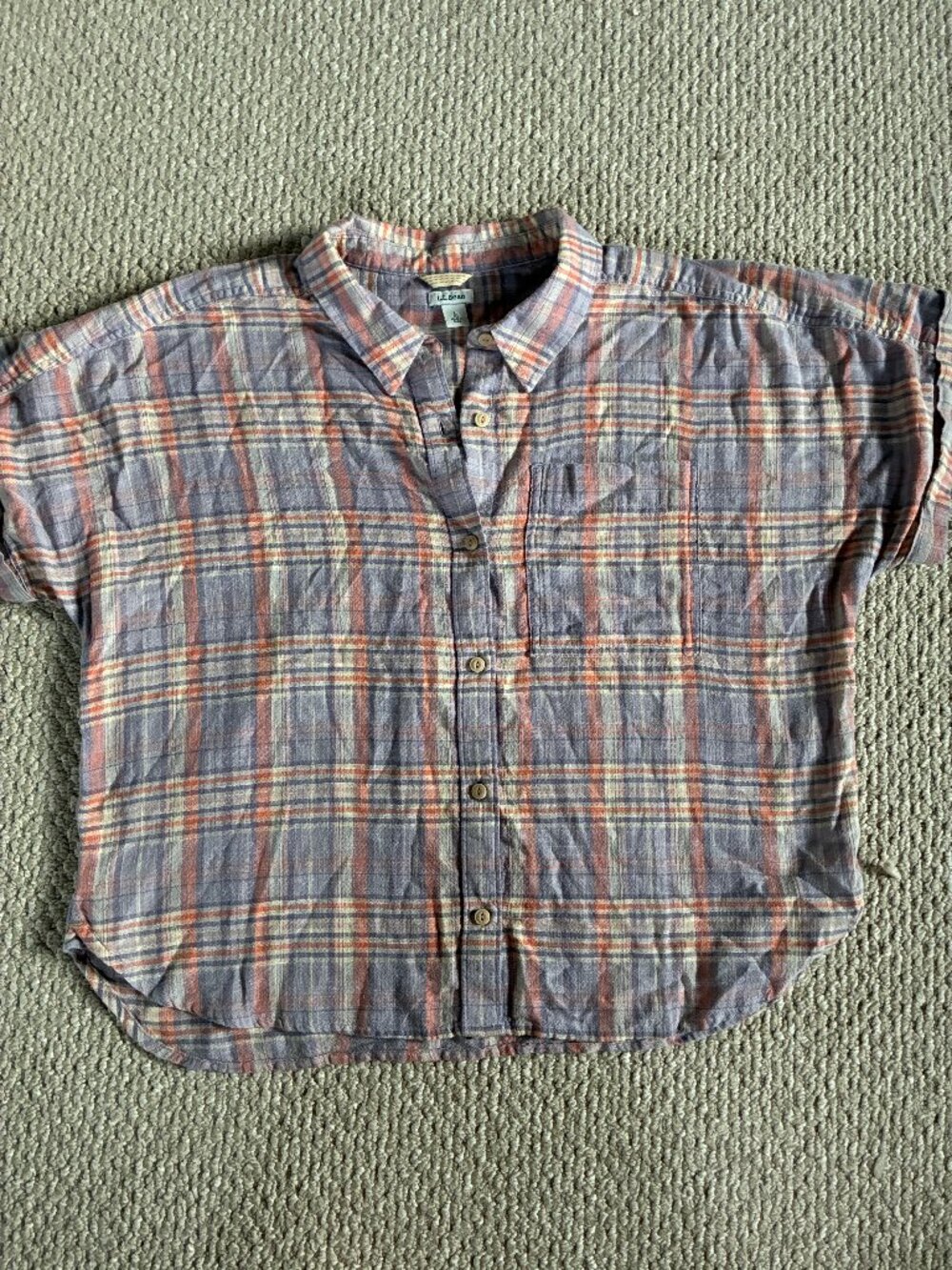 LL Bean Women’s L Short Sleeve Purple Plaid Blouse Lightweight Cotton Casual